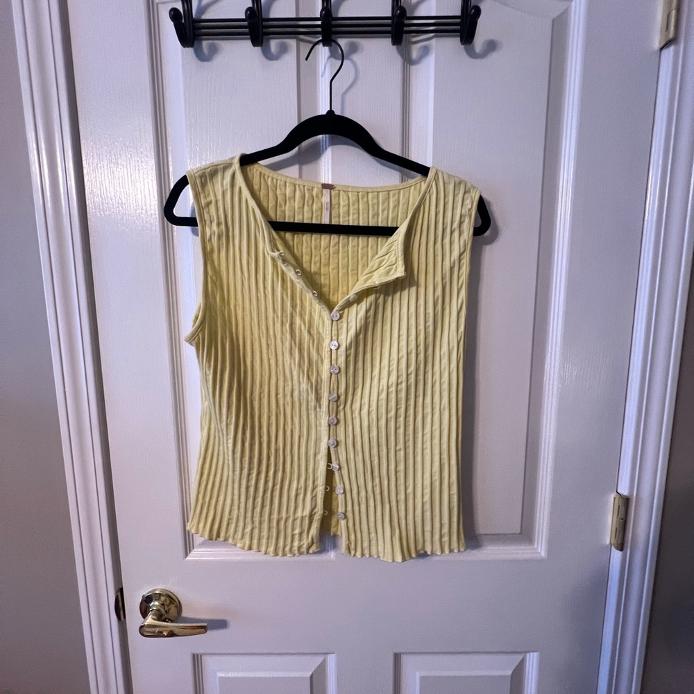 Free People Yellow Ribbed Button-Front Tank Top